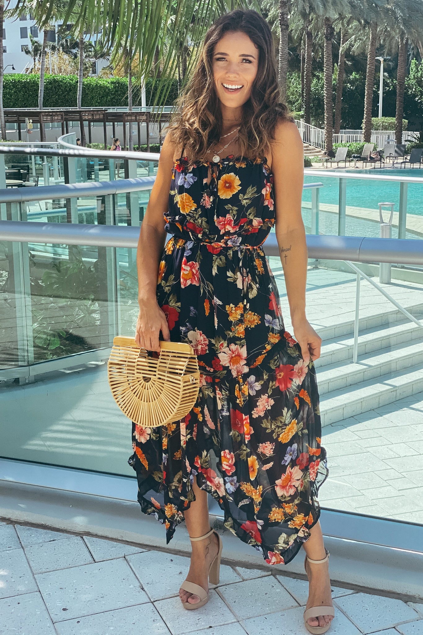 navy floral asymmetrical dress