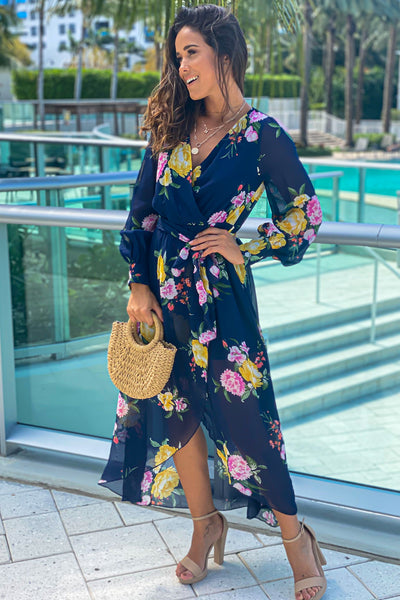 navy floral casual high low dress