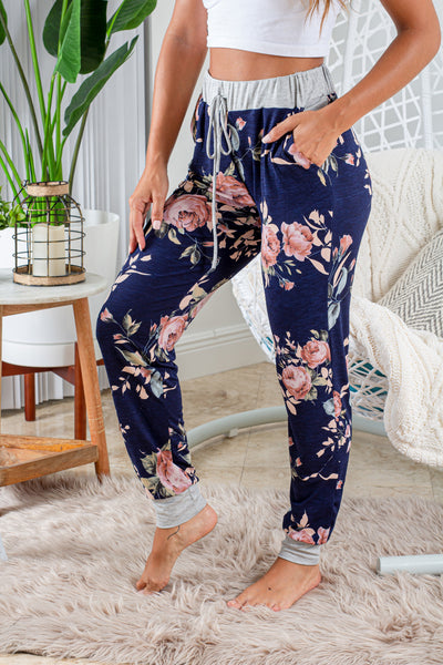 navy floral casual pants