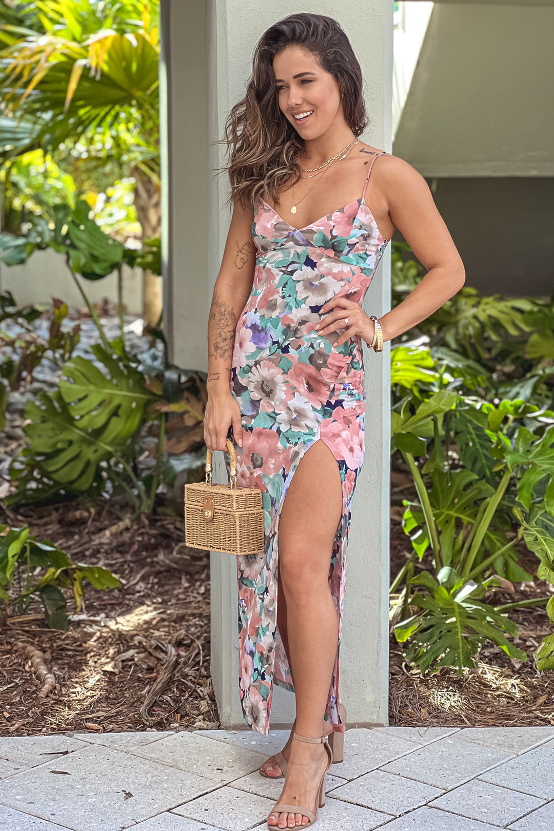 Navy Floral Dress With Slit