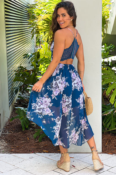 navy floral high low dress with lace back