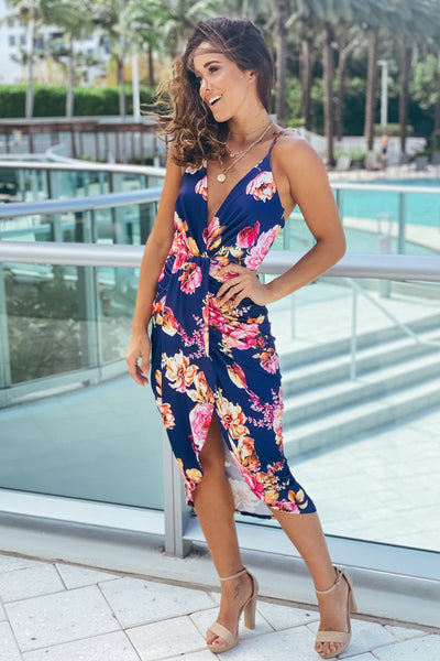 navy floral high low dress