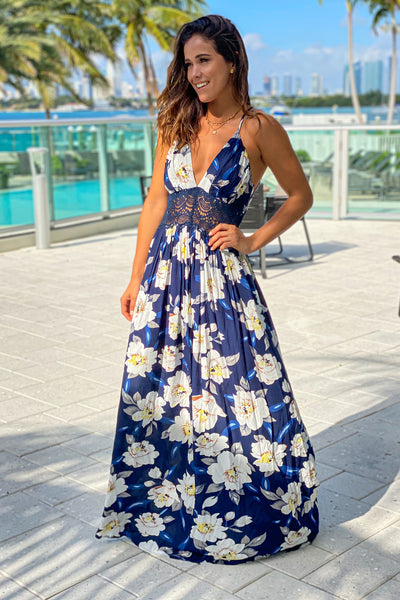 navy floral maxi dress with crochet trim