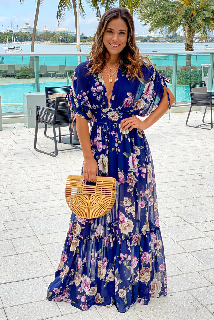Navy Floral Maxi Dress With Dolman Sleeves
