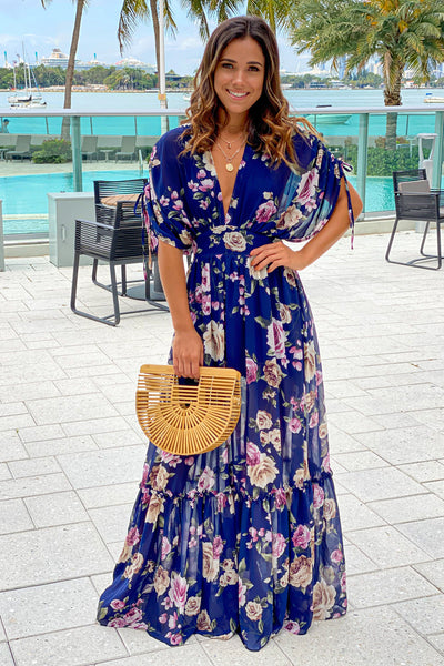 navy floral maxi dress with dolman sleeves