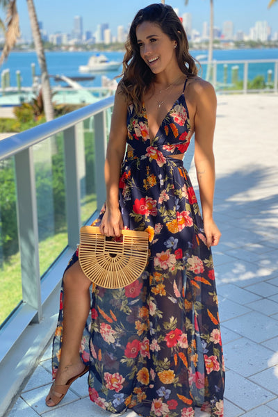 navy floral maxi dress with slits
