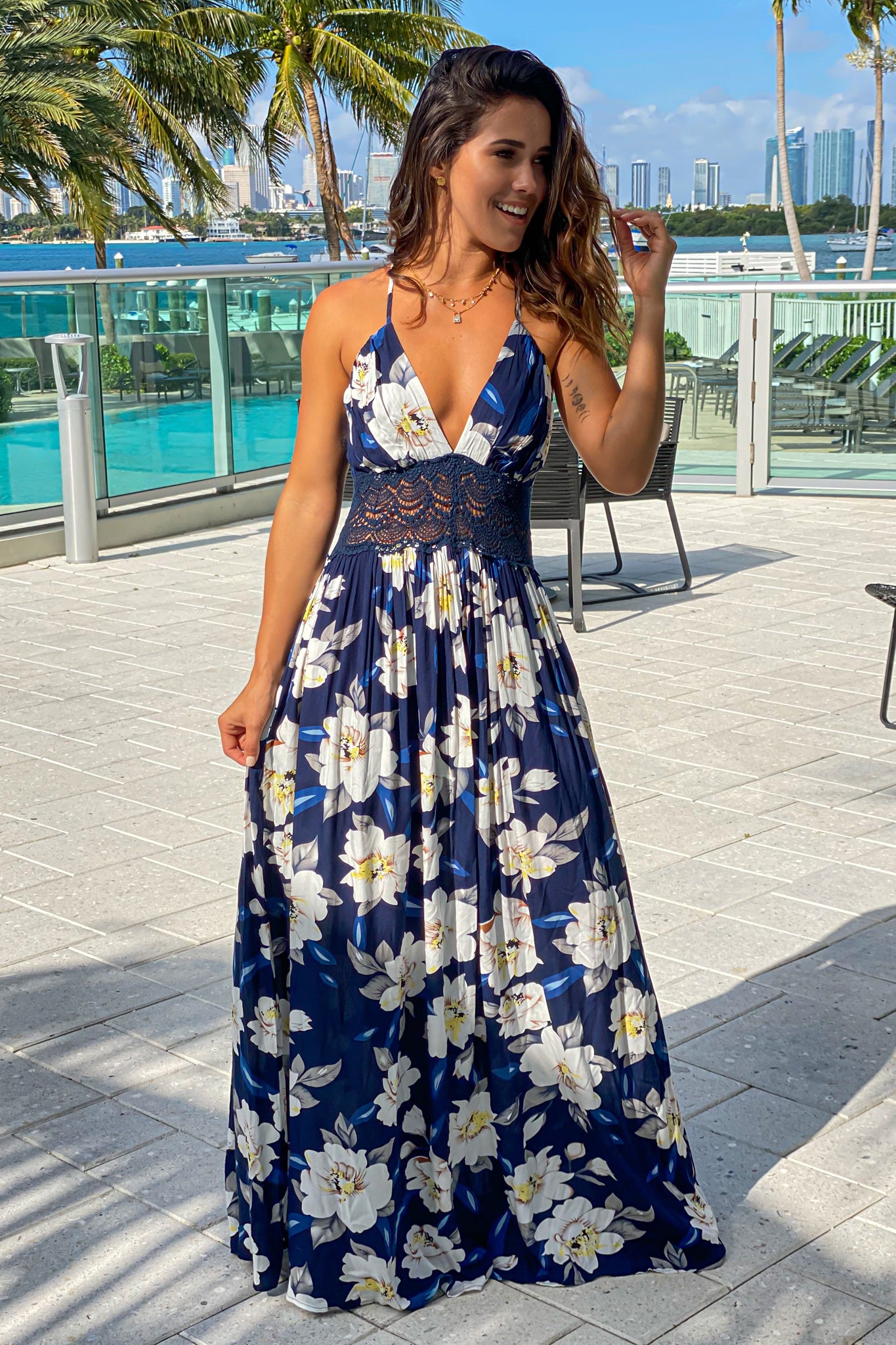 Navy Floral Maxi Dress With Crochet Trim | Maxi Dresses – Saved by the ...
