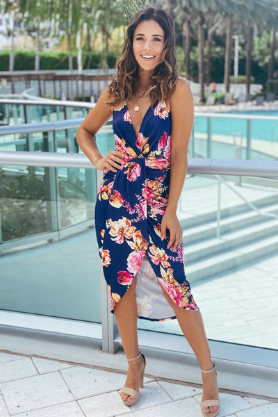 navy floral ruched dress