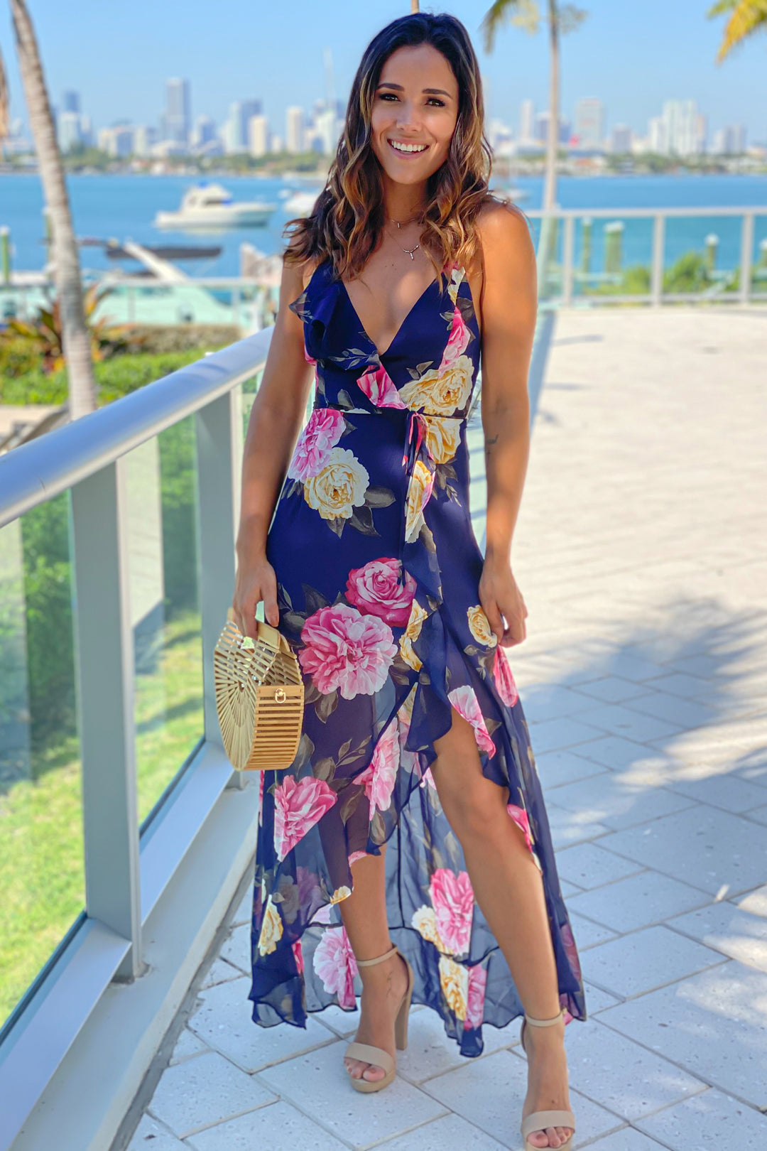 Navy Floral Ruffled Wrap Front Maxi Dress