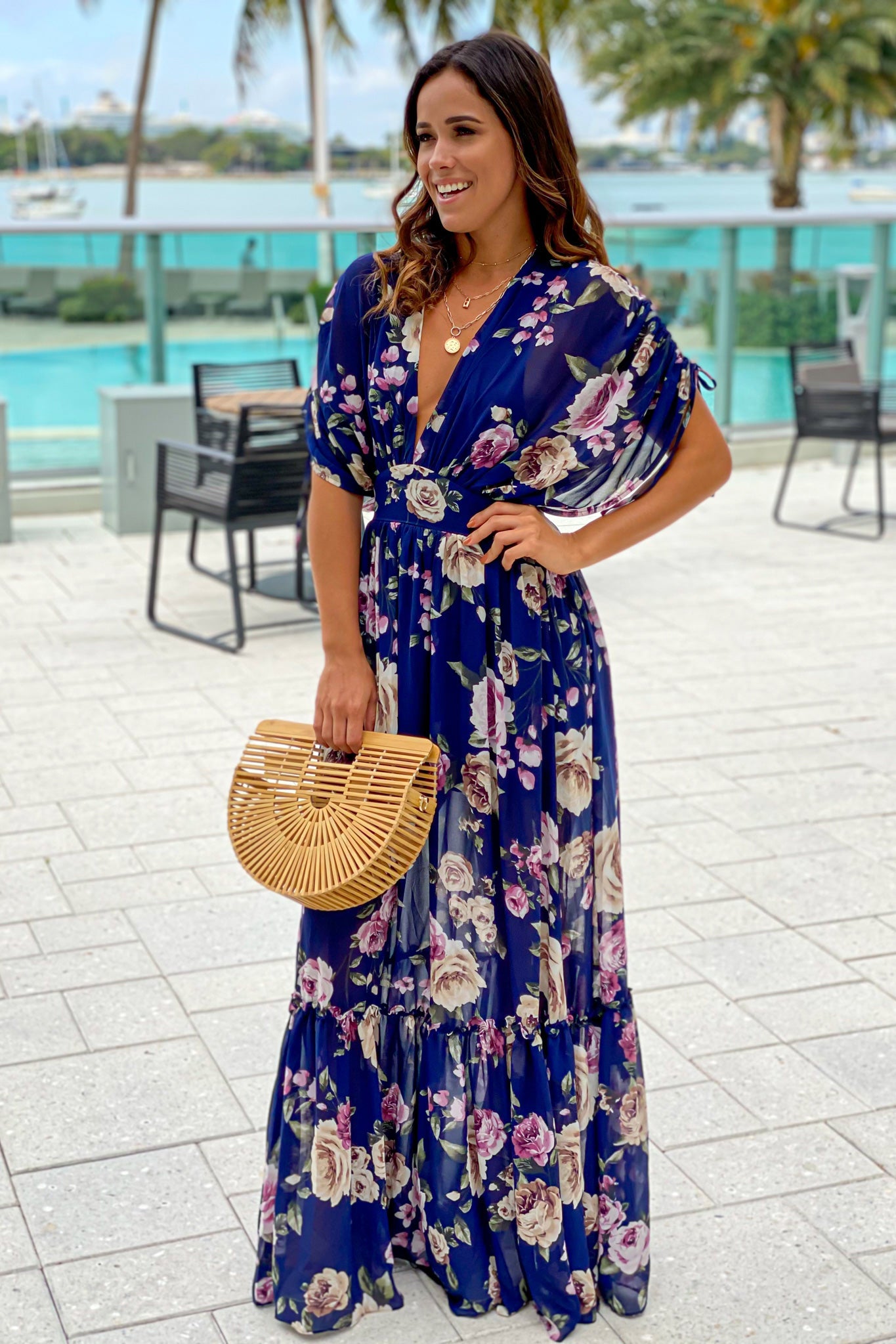 navy maxi dress floral Navy Floral Maxi Dress With Dolman Sleeves