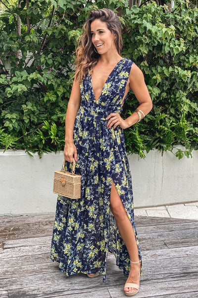 navy floral vacation dress