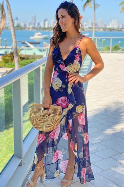 Navy Floral Ruffled Wrap Front Maxi Dress | Maxi Dresses Saved by the Dress Navy Floral Ruffled Wrap Front Maxi Dress | Maxi Dresses Saved by the Dress