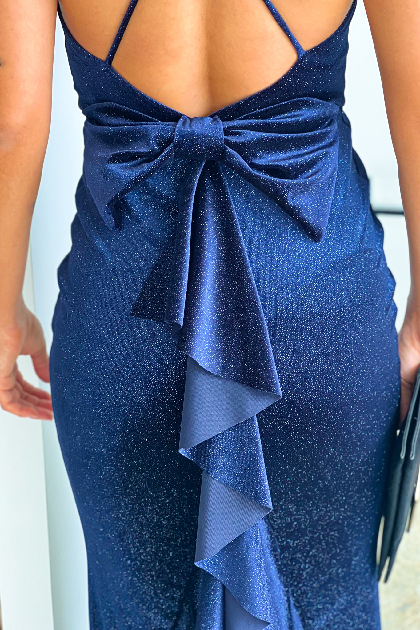 navy formal maxi dress with bow detail