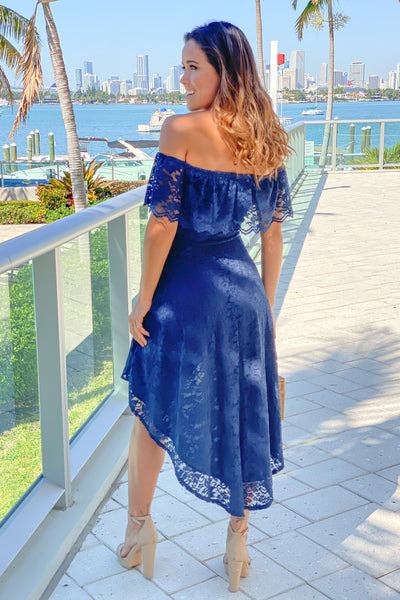 navy lace high low dress