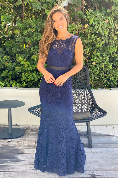 Navy Lace Maxi Dress With Belt Detail