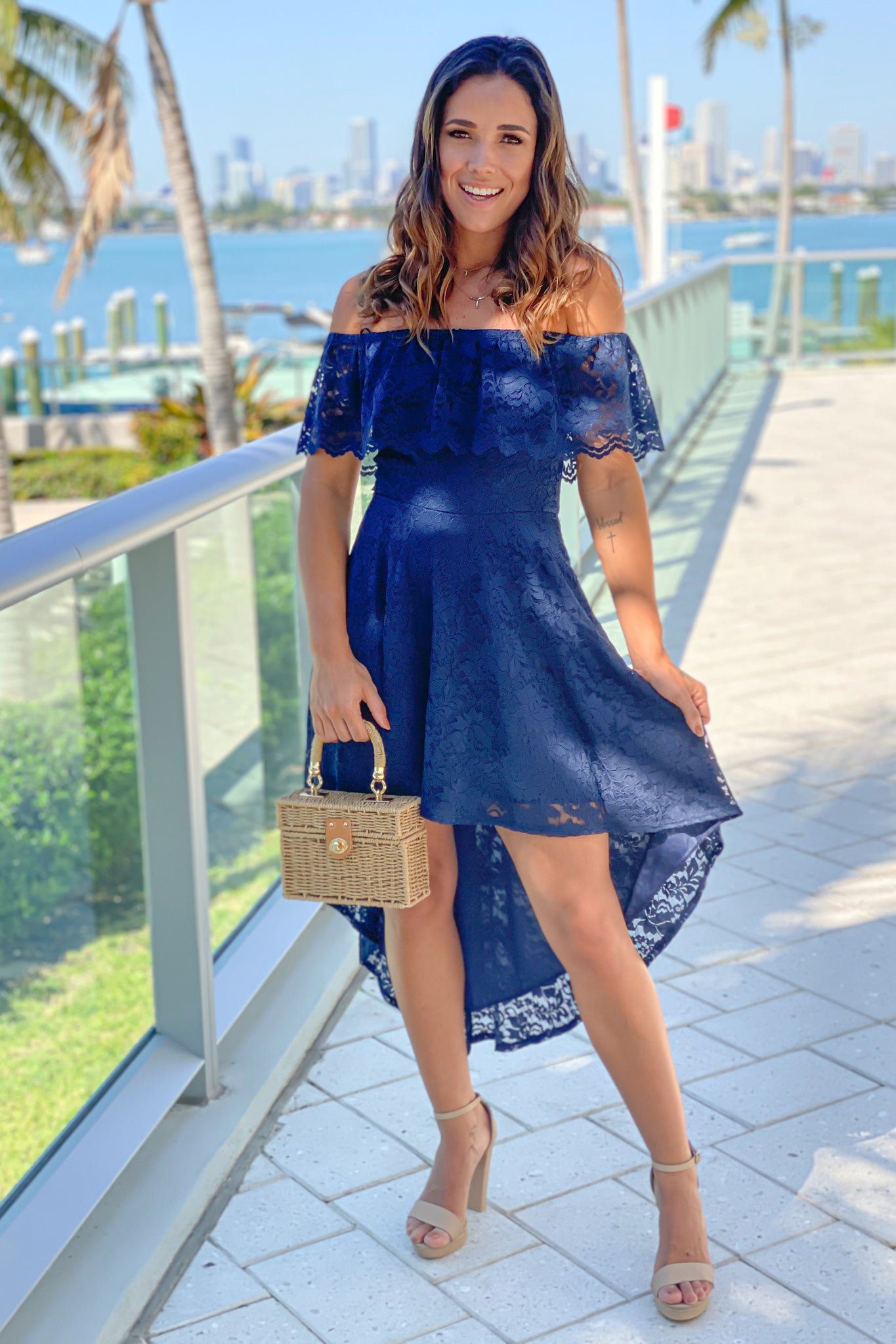 Navy Lace Off Shoulder High Low Dress