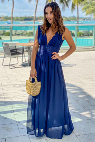 navy maxi dress with button detail