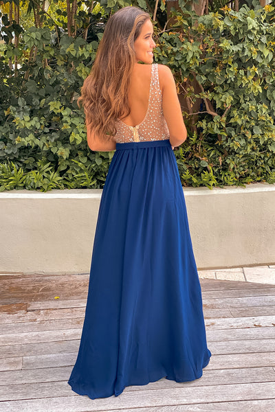 navy maxi dress with silver jewels