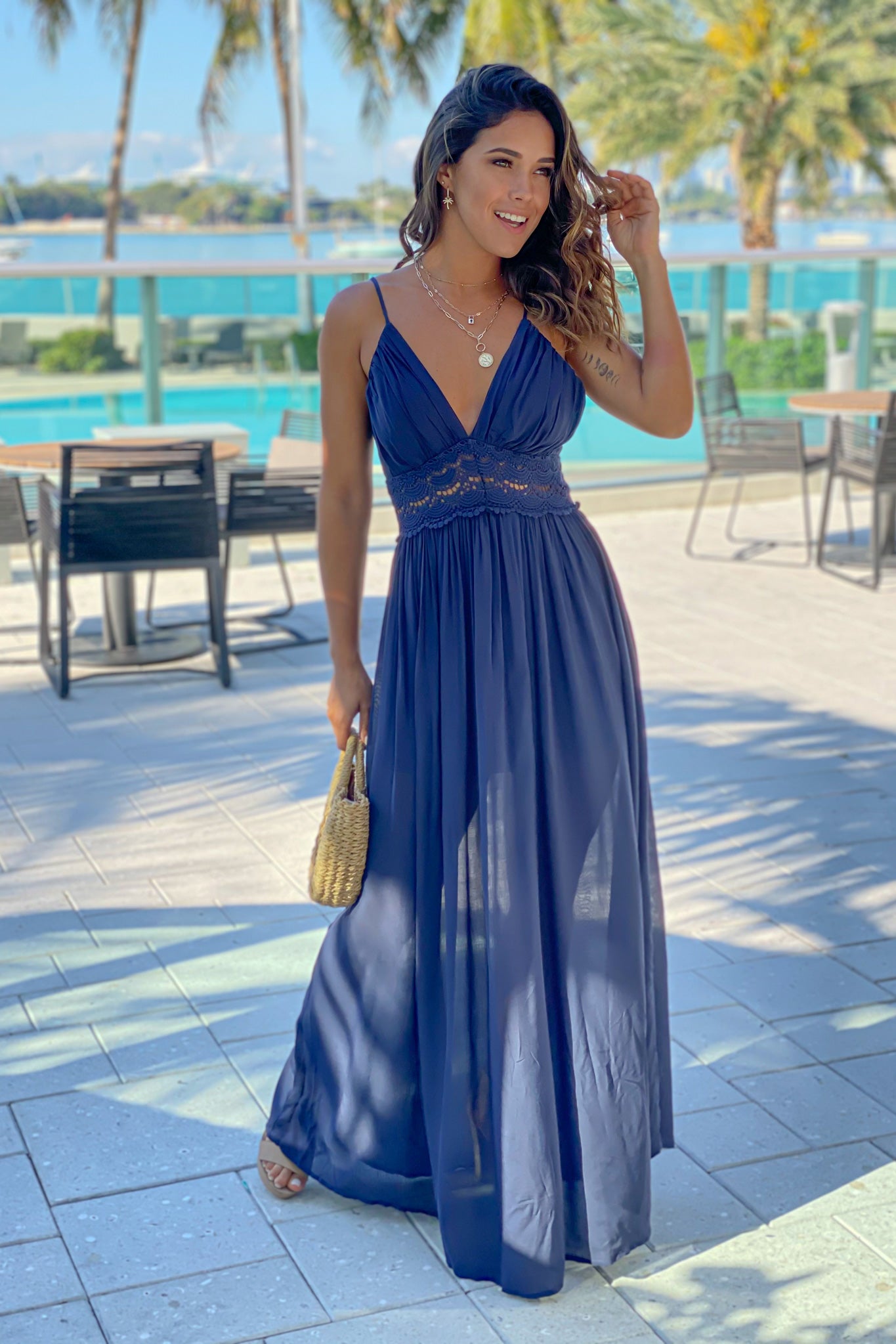 Navy Maxi Dress With Crochet Trim
