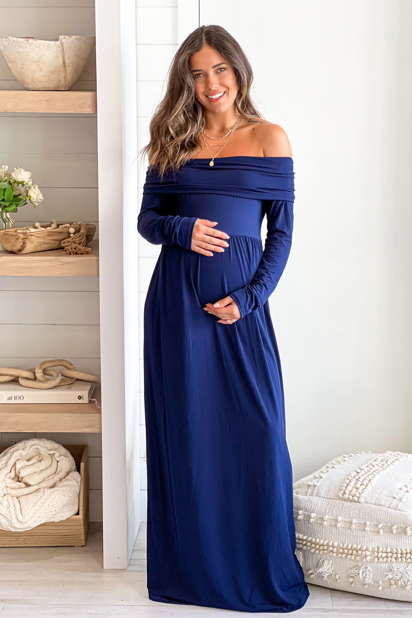 navy off shoulder maternity maxi dress with long sleeves