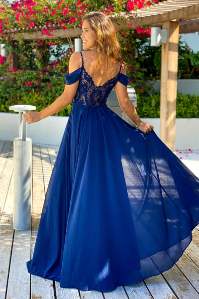 navy off shoulder maxi dress with lace back