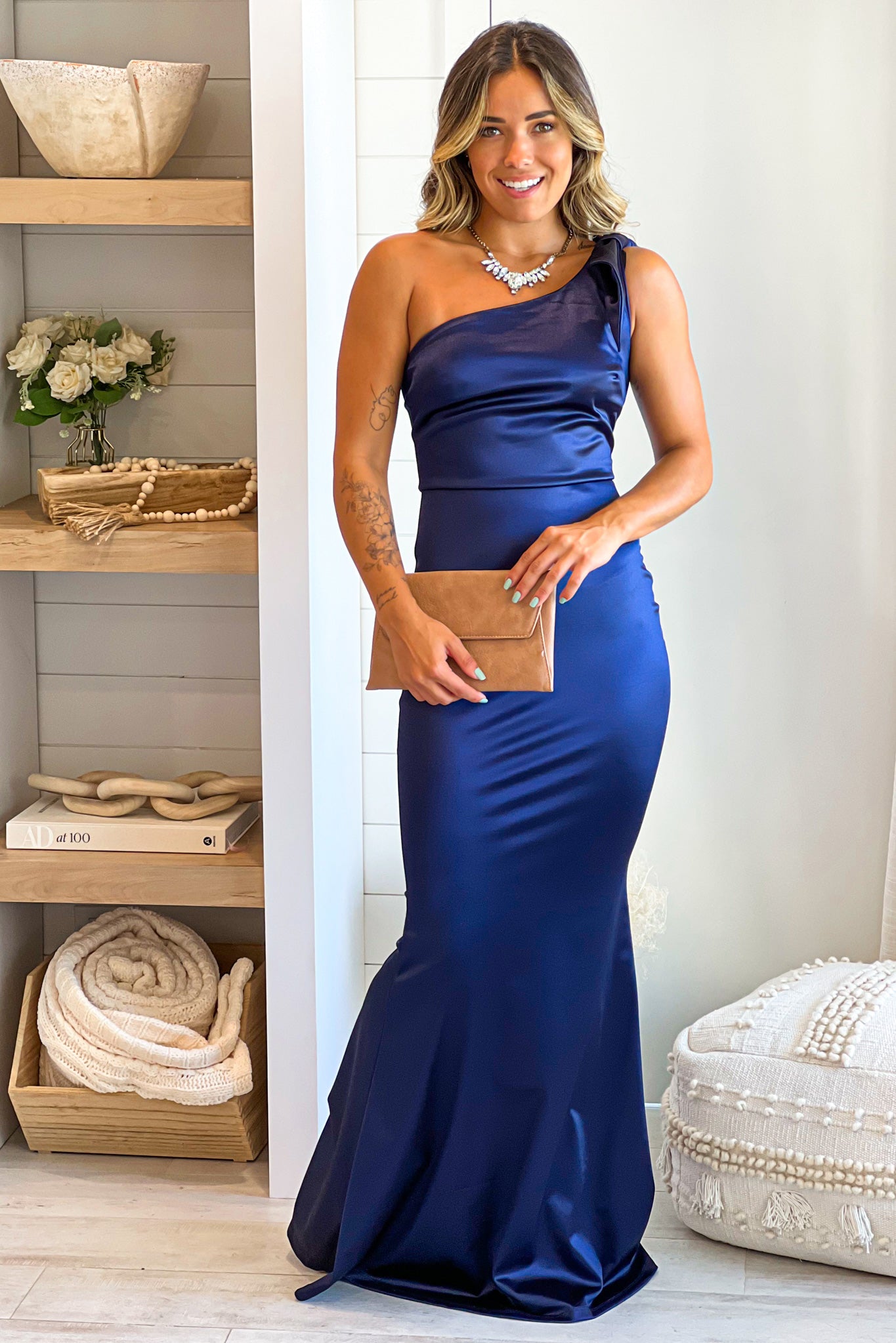 navy one shoulder maxi dress with bow detail