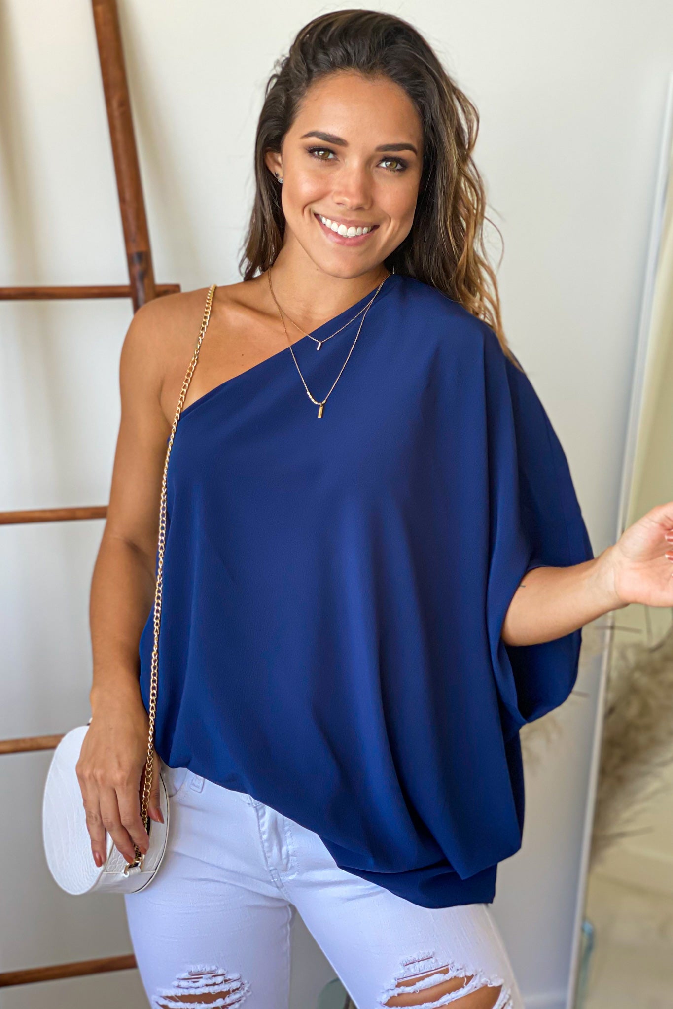 Navy One Shoulder Oversized Top Cute Tops – Saved by the Dress