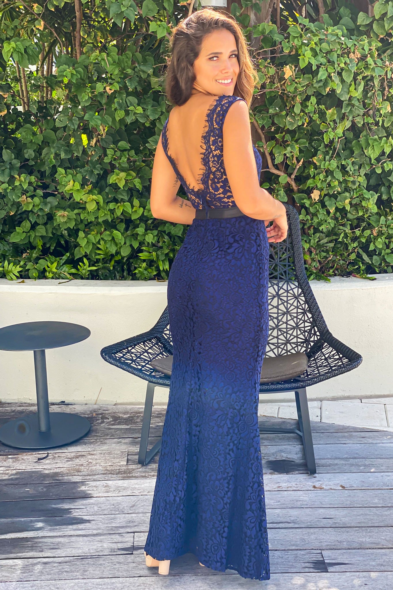 Navy Lace Maxi Dress With Belt Detail