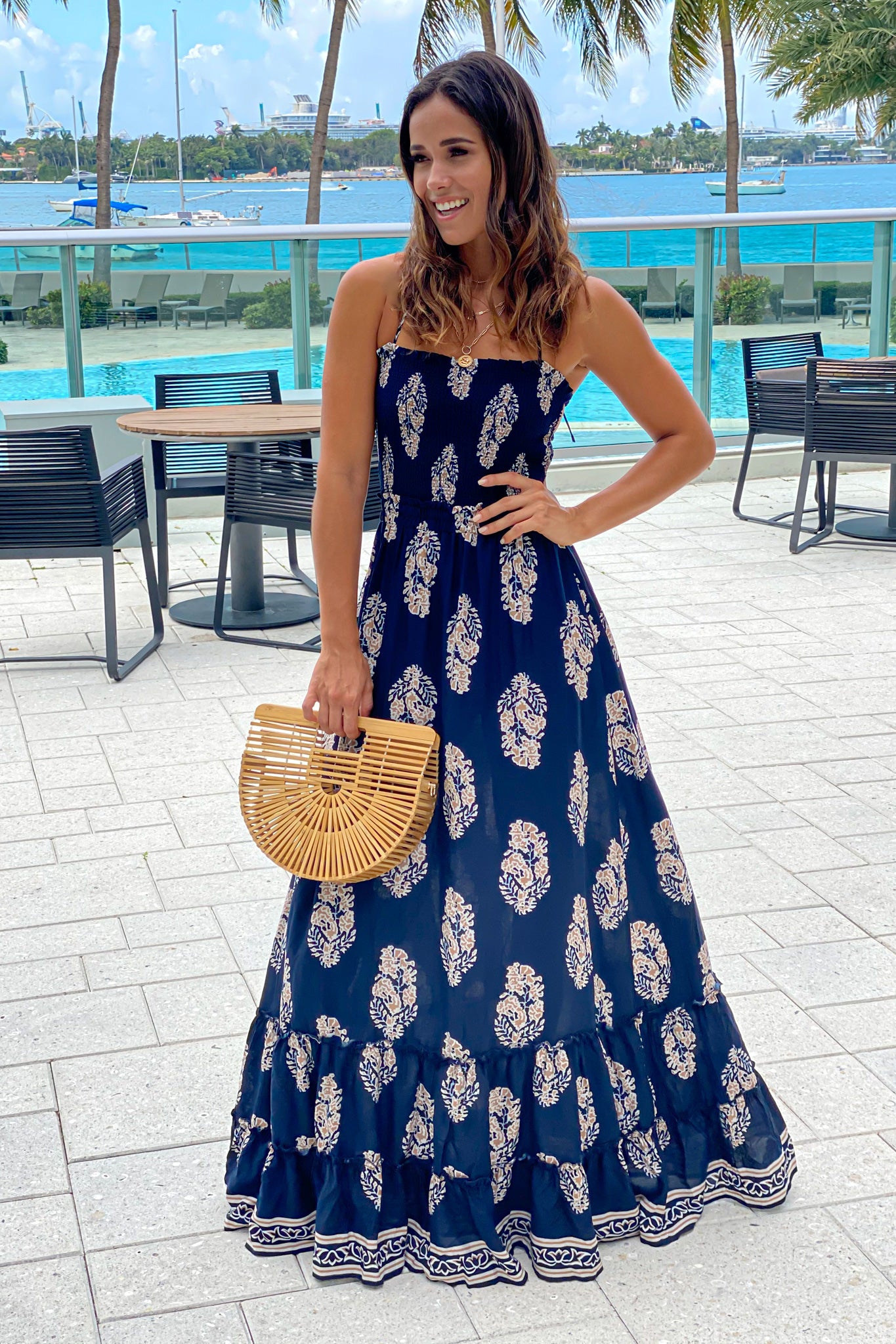 Navy Printed Maxi Dress With Strappy Back