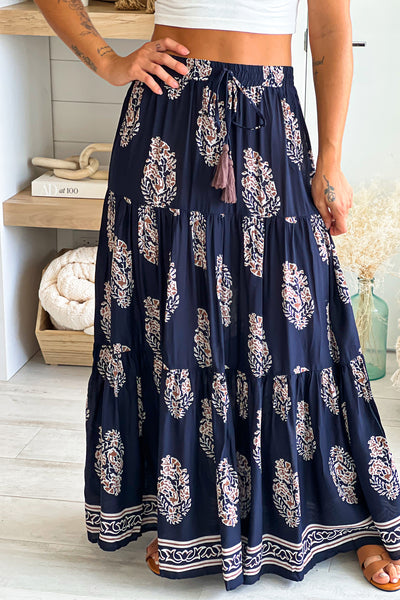 navy printed high waisted maxi skirt