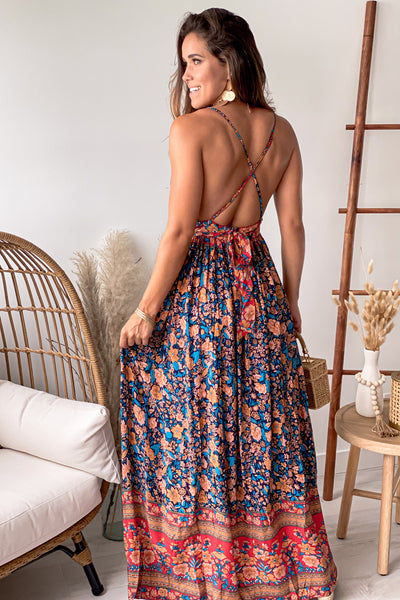 navy printed maxi dress with criss cross back