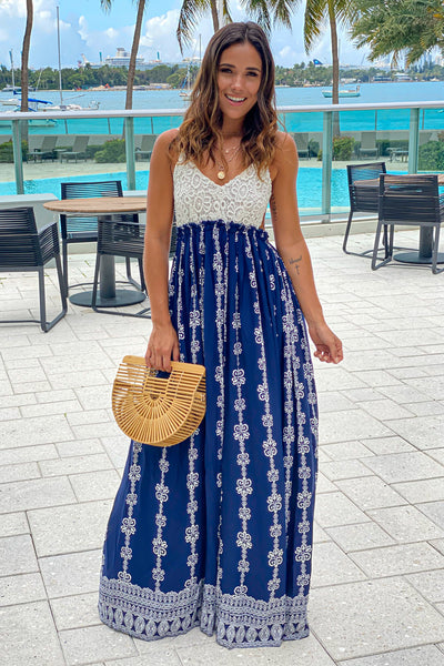 navy printed maxi dress with crochet top