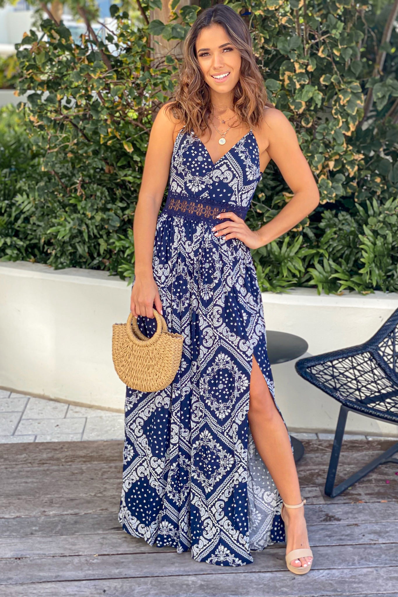 Navy Printed Maxi Dress With Crochet Waist | Maxi Dresses – Saved by ...