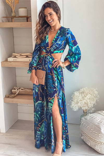navy printed maxi dress with side slit