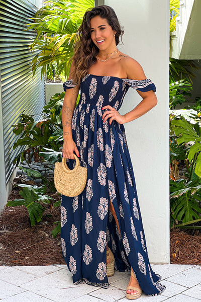 navy printed maxi dress with slit