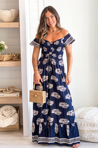 navy printed maxi dress with smocked top