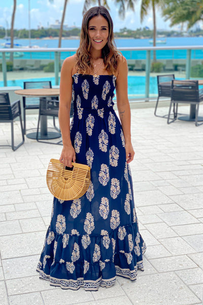 navy printed maxi dress with strappy back