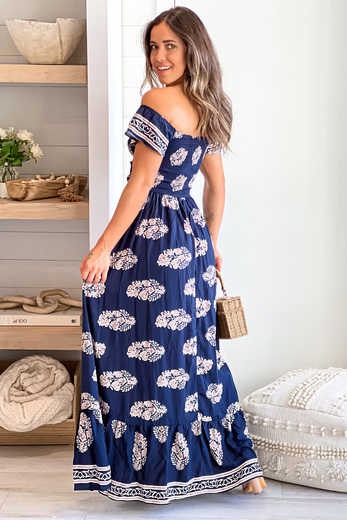 Navy Printed Maxi Dress With Smocked Top