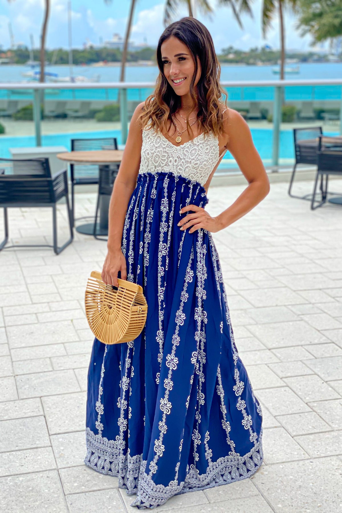 Navy Printed Maxi Dress with Crochet Top | Maxi Dresses – Saved by the ...