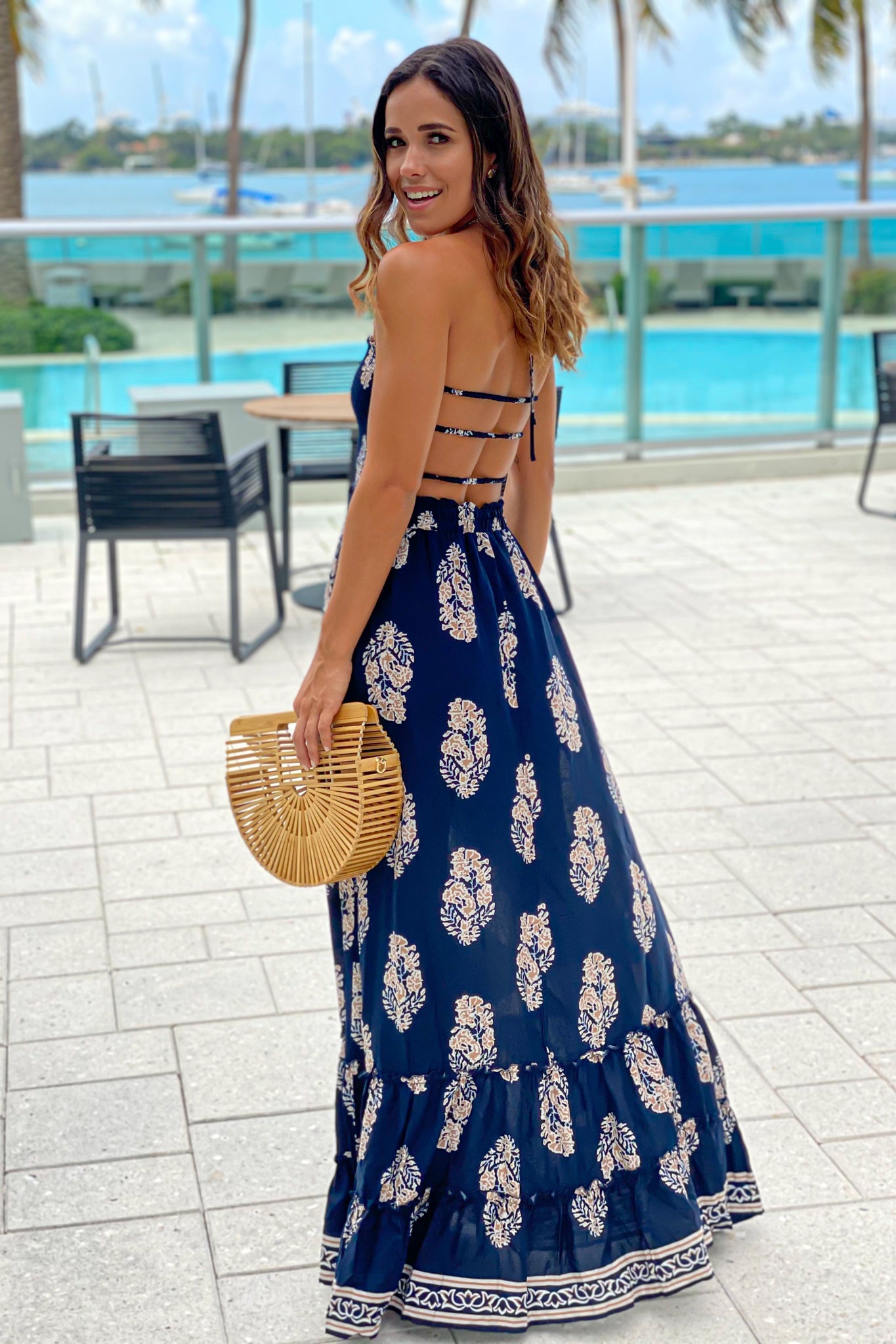 Navy Printed Maxi Dress With Strappy Back | Maxi Dresses – Saved by the ...