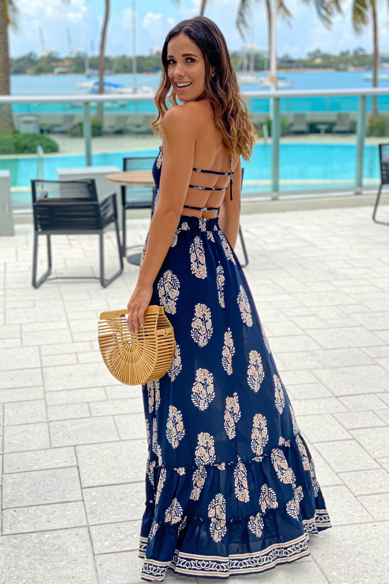Navy Printed Maxi Dress With Strappy Back