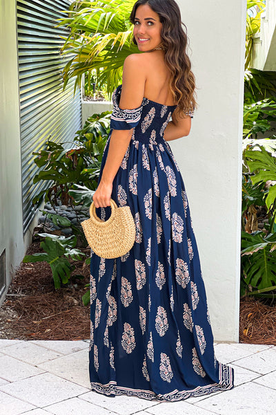 navy printed off shoulder maxi dress