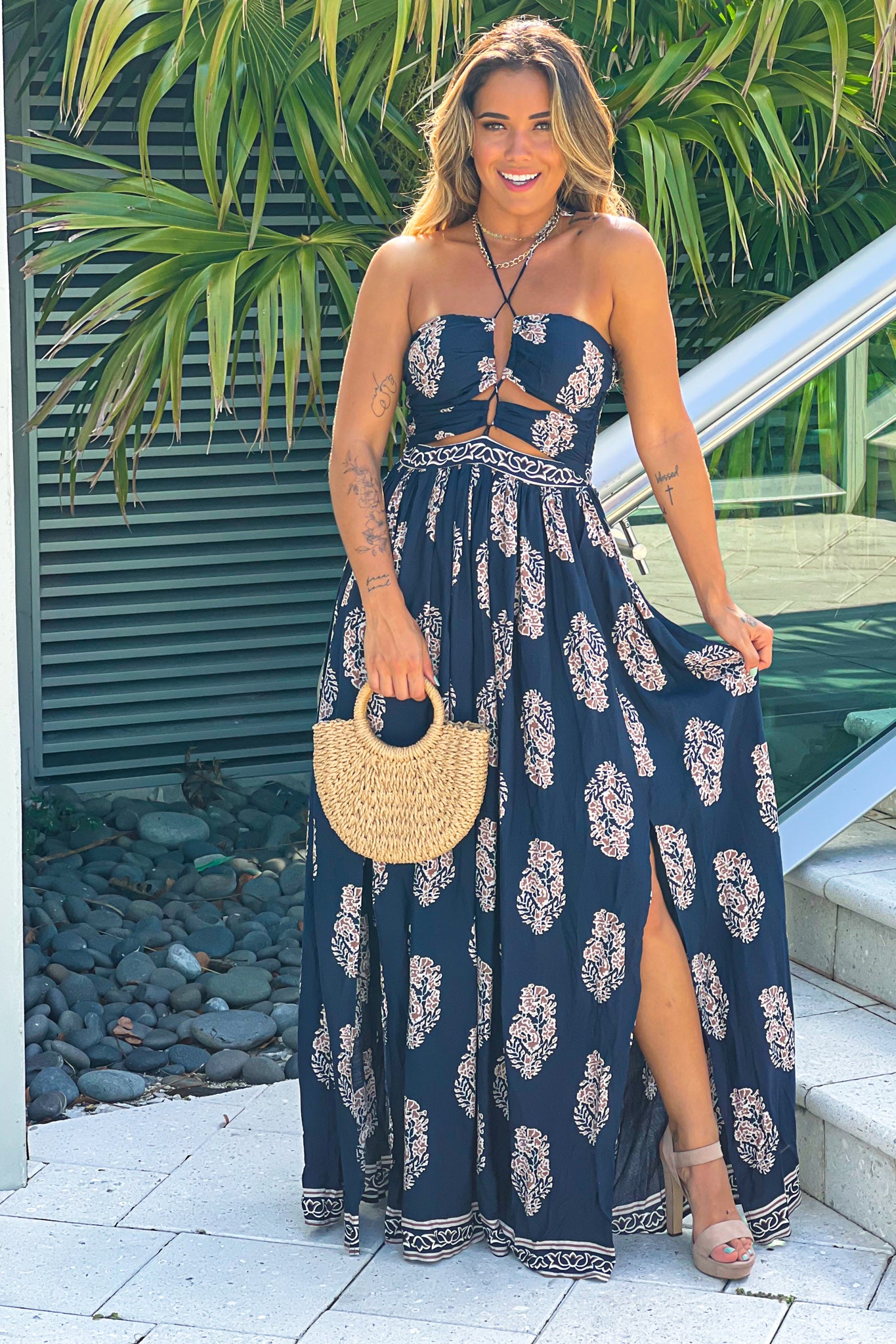 navy printed strapless maxi dress with cut out