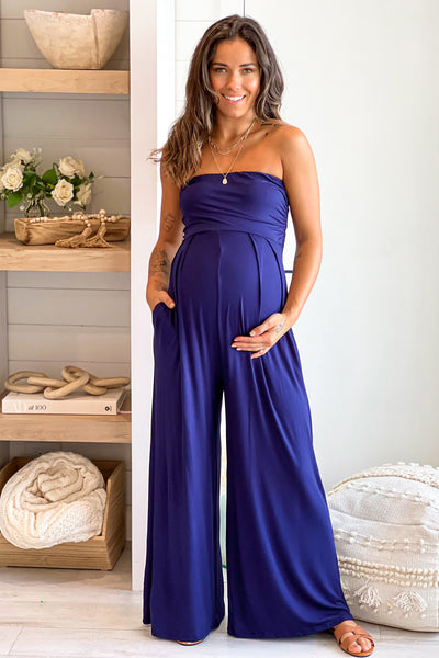 navy strapless maternity jumpsuit with pockets