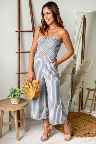 navy striped casual jumpsuit