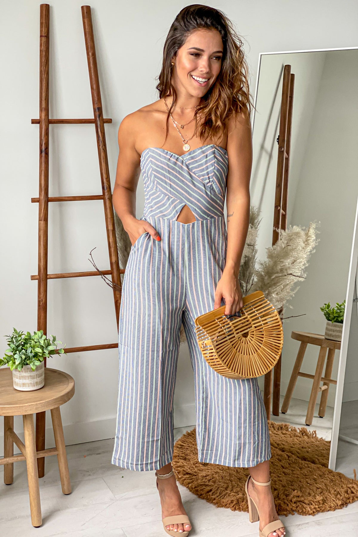 Navy Striped Jumpsuit with Cut Out | Jumpsuits – Saved by the Dress