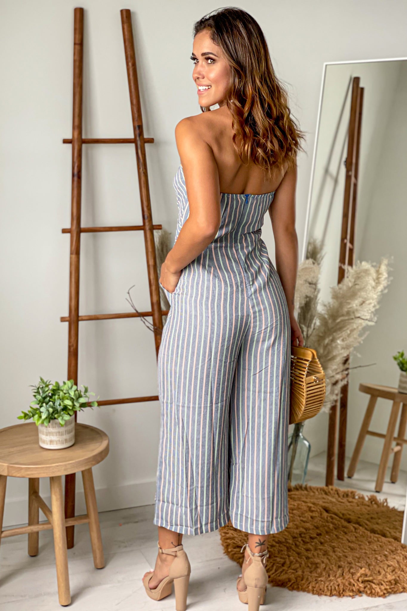 navy striped jump suit