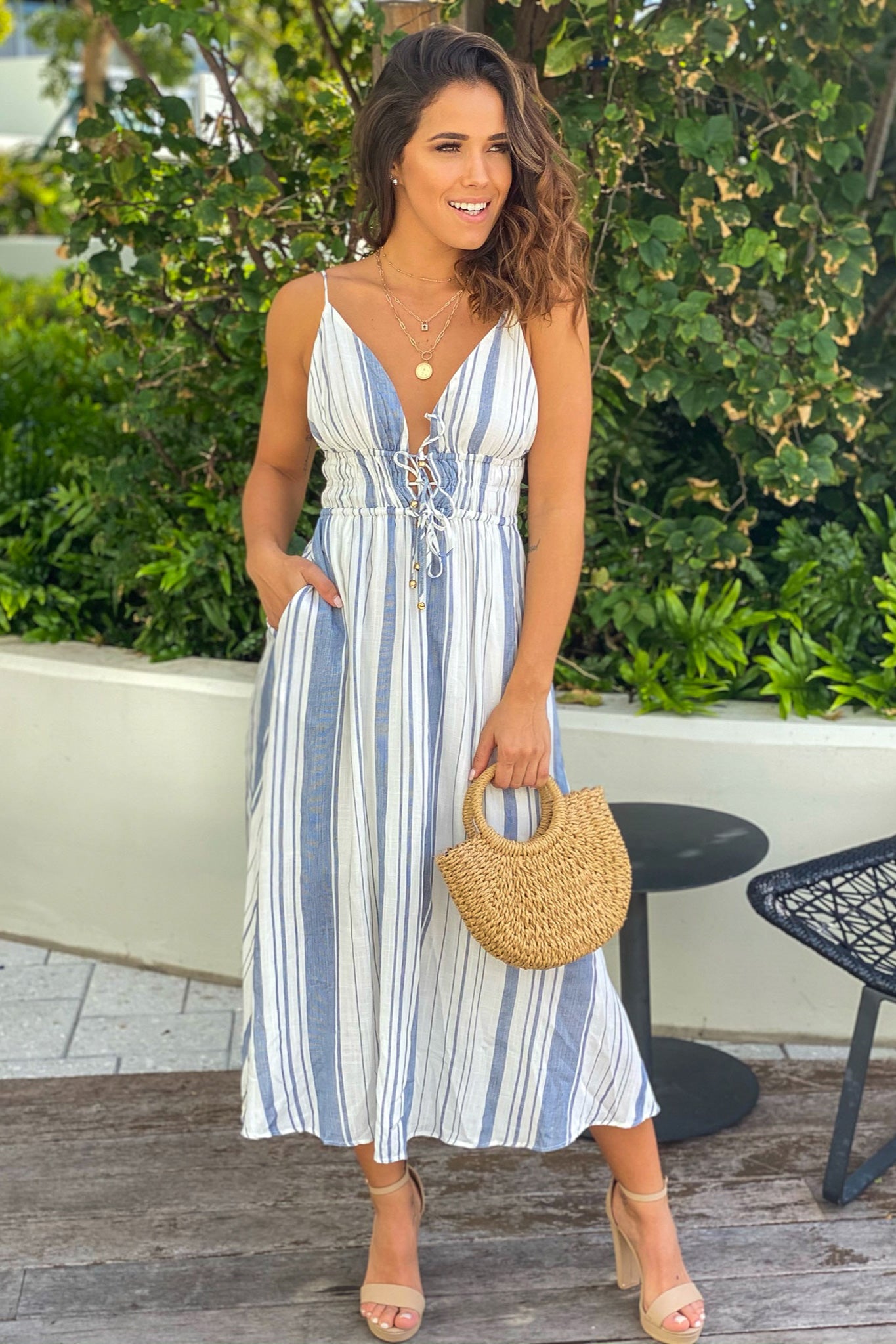 navy striped maxi dress with front ties