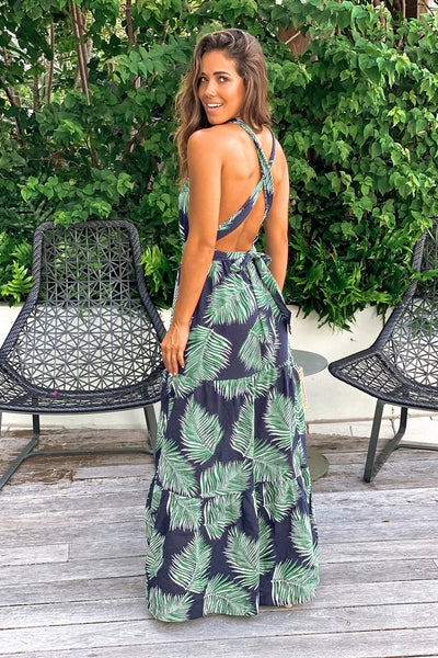 navy tropical maxi dress with criss cross back