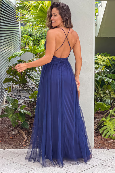 navy tulle maxi dress with criss cross back
